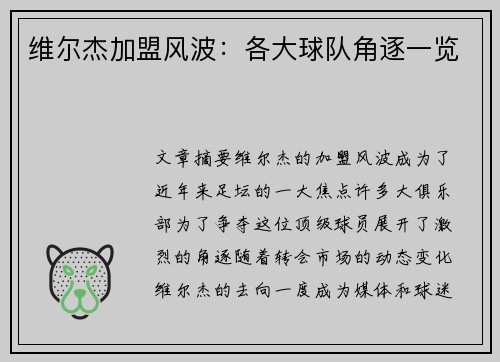 维尔杰加盟风波：各大球队角逐一览